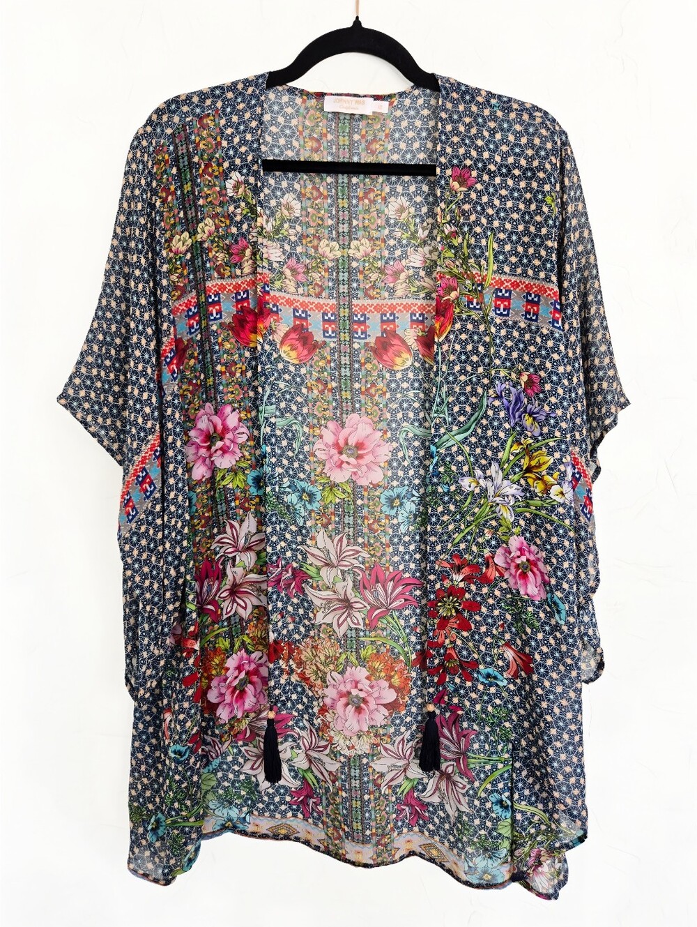 Johnny Was 100% Silk Boho Floral Blue Red Kimono, XS